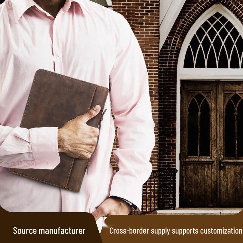 Handmade Crazy Horse Genuine Leather Book Cover with Pen Loop and Zipper