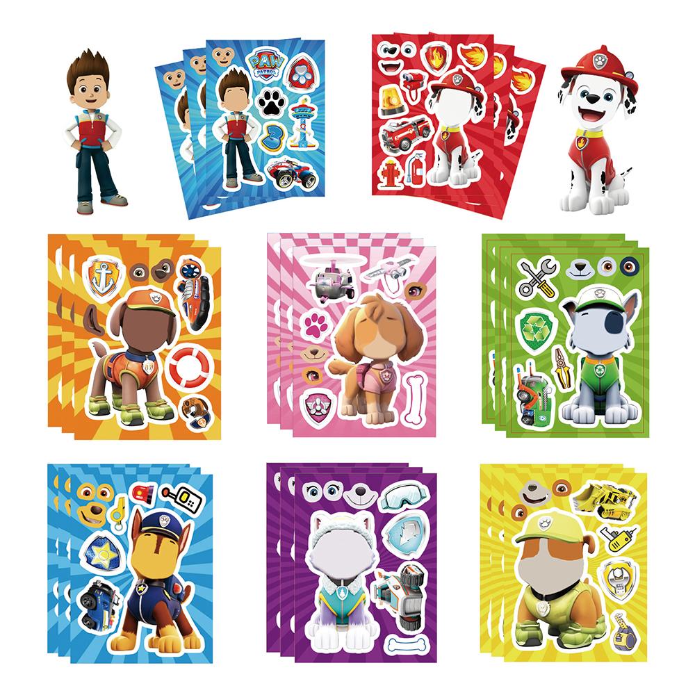 6/8/12/16pcs PAW Patrol Puzzle Anime Stickers DIY Ryder Chase Make-a-Face Assemble Funny Cartoon Decal Assemble Jigsaw Sticker