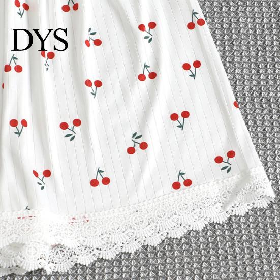 Lady Sleepwear Set 2 Pcs/Set Pajamas Suit Lace Splicing V Neck Short Sleeve Top Pajama Cherry Printing Comfort Homewear Outfit Casual Shorts Nightwear