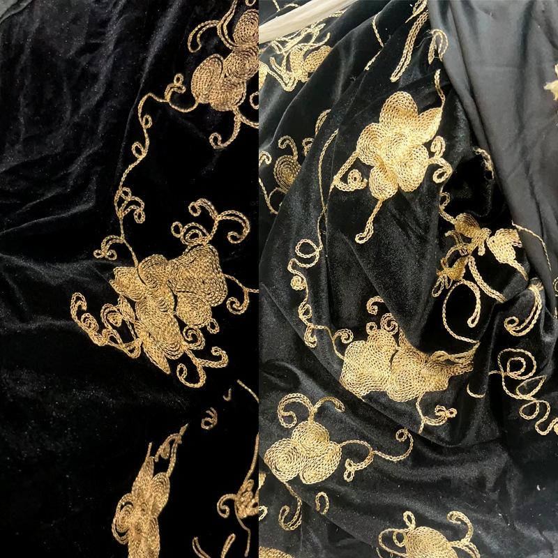 Schwarze Farbe Samt Bestickter Stoff Blume Gedruckt Jacquardstoffe für Cheongsam Kleid Kleidung 130cm Breite