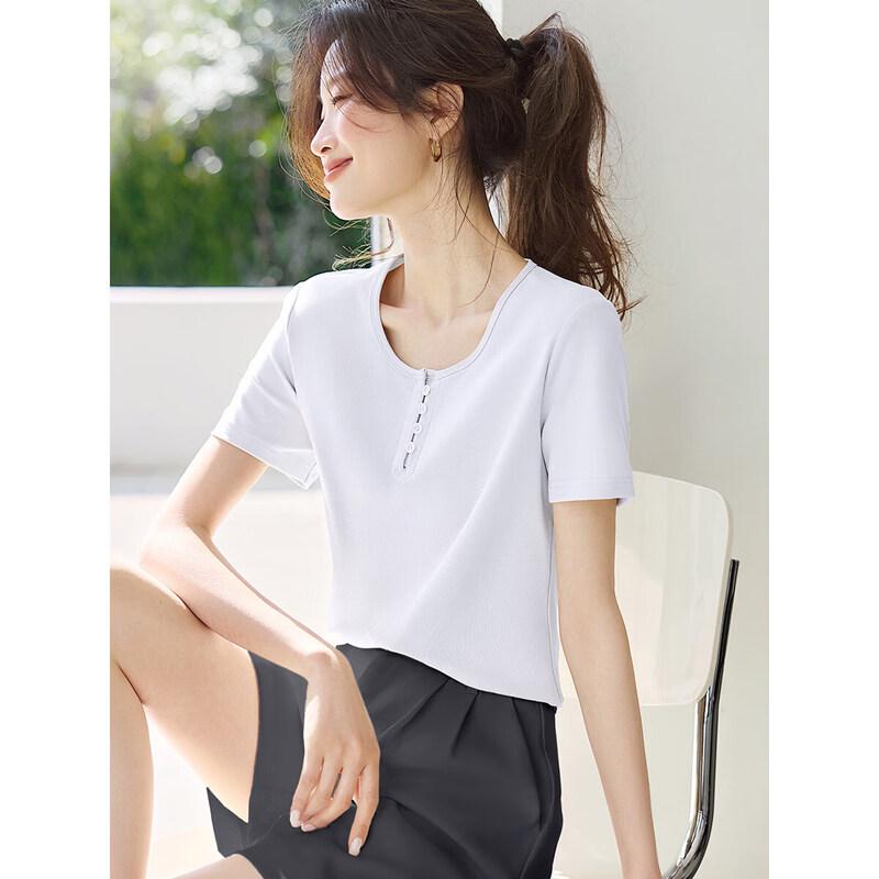 Mohanyimei Women s Casual Crew Neck Button T-Shirt M