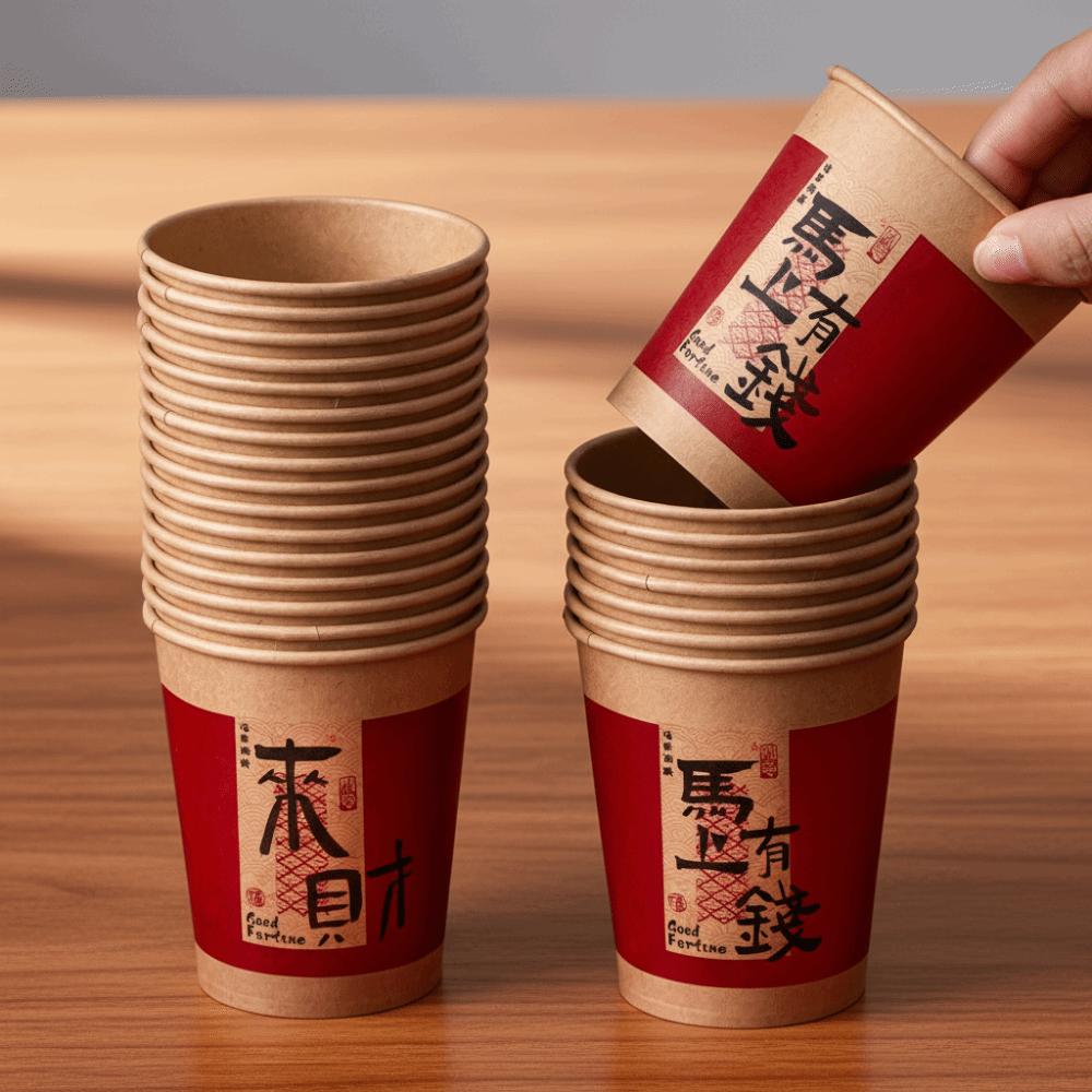 50pcs Chinese Style 2026 New Year Disposable Paper Cup Traditional Thickened Disposable Drinking Cup Calligraphy Blessings