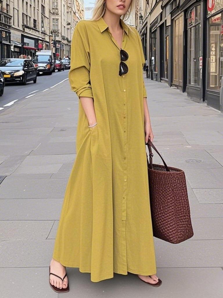 Women's Lapel Long Sleeve Plug Pocket Loose Casual Long Shirt Dresses