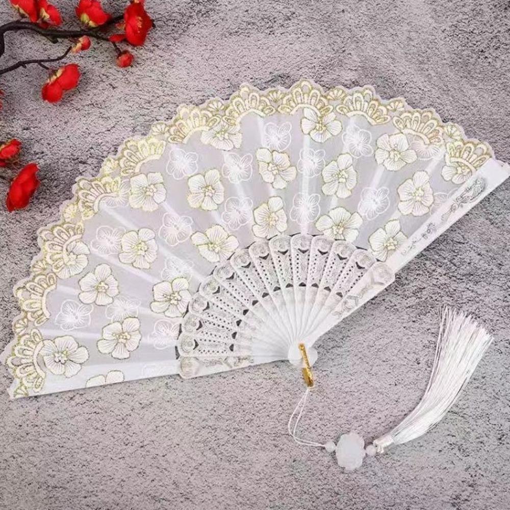 Hanfu Fan Flower Pattern Chinese Folding Fan Traditional Vintage Handheld Fan with Tassel Portable Decorative Fan Cultural Event
