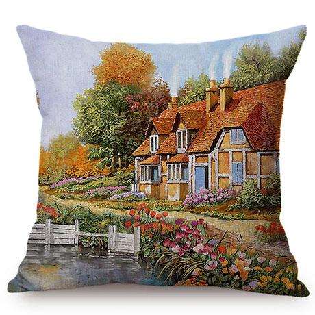 Hermoso Paisaje Rural Cabaña Feliz Recuerdo de la Infancia Pintura al Óleo Funda Decorativa para Cojín de Sofá Funda para Cojín de Coche Cojines