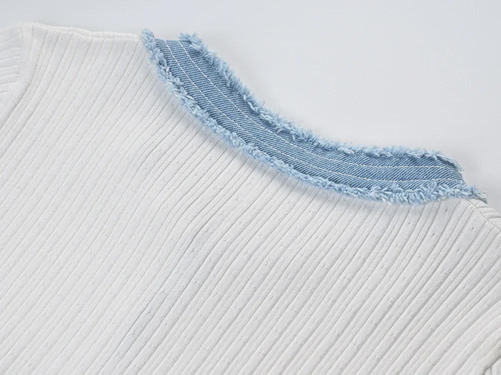 Elegantní francouzské pletené džínové svetrové šaty s krátkým rukávem