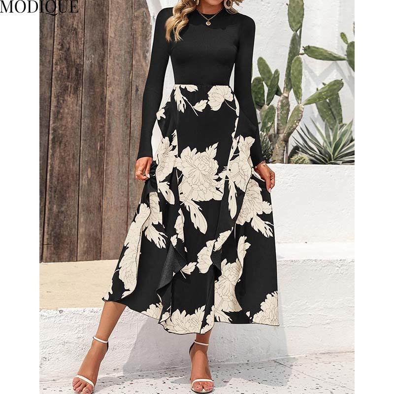 MODIQUE 2025 Spring New Women's Casual Vintage Floral Printing Patchwork Long Dress Ladies A-Line Long Sleeve O-Neck Dress