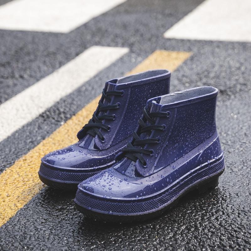 Men's Rainboots Spring Winter Rubber Shoes Men Platform Rain Boots Boy Waterproof Black Mens Ankle Boots Lace-Up Shoes