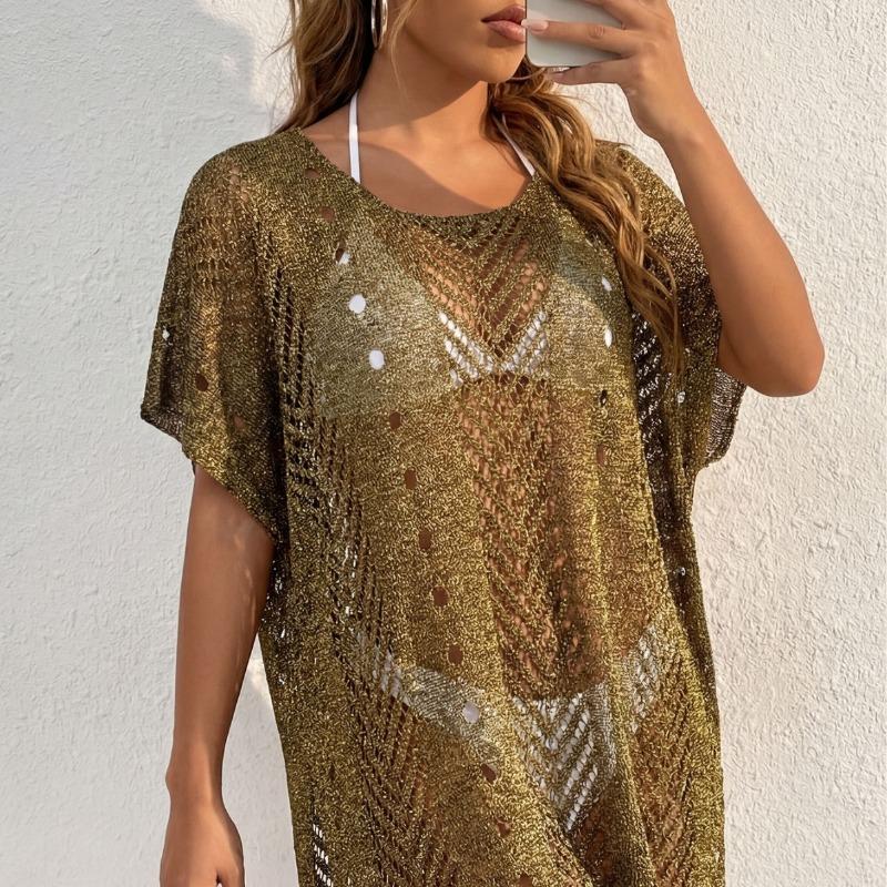 

Women s Metallic Knit Swim Cover-Up Hollow-Out Short Sleeve Beach Tunic Dress Onesize жовтий