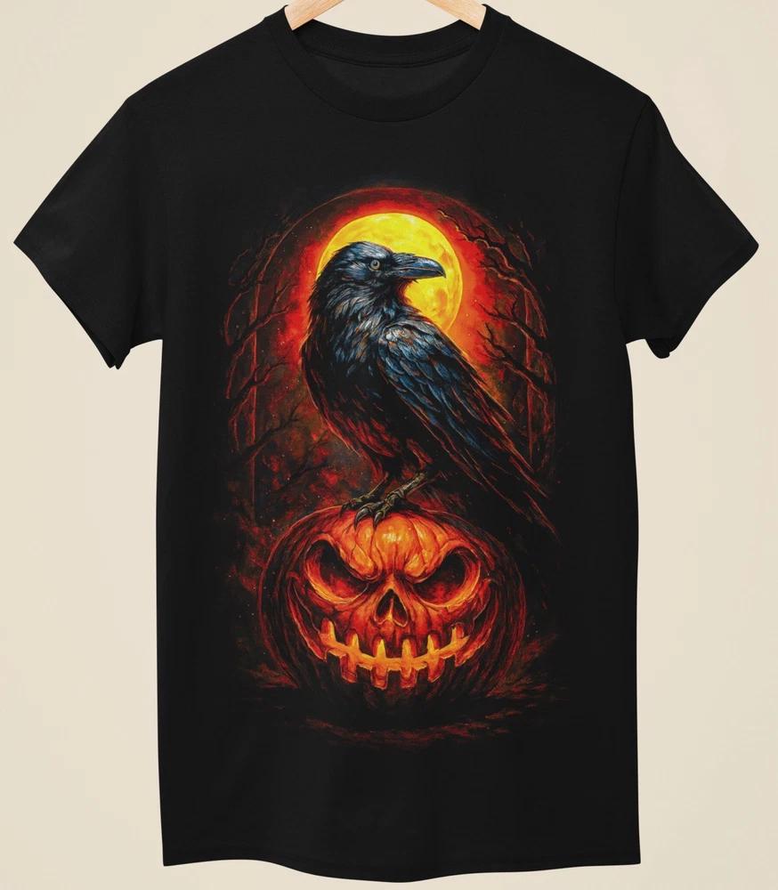 Evil Horror Sitting Crow Pumpkin Halloween Printed Unisex Black TShirt (H0015) S