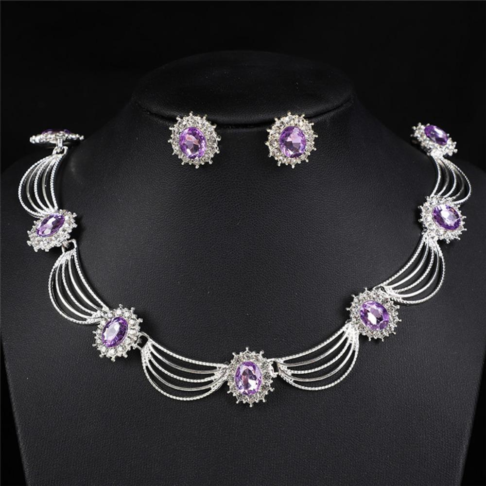 Gold-Tone Gemstone Necklace Set Geometric Statement Jewelry Set Earring Matching Set  Women