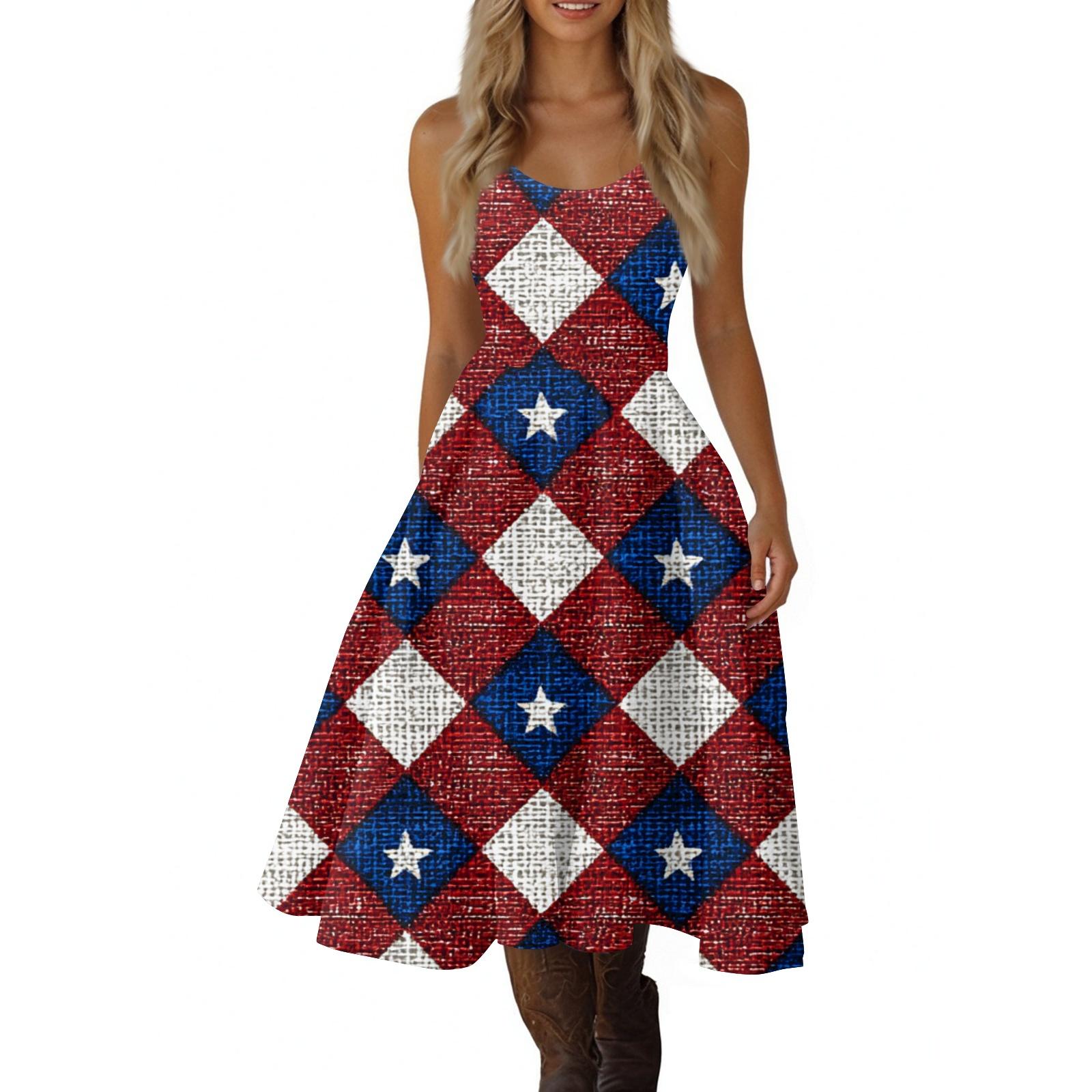 Women s Casual Fashion Independence Day Print V-Neck Retro Sleeveless Dress S