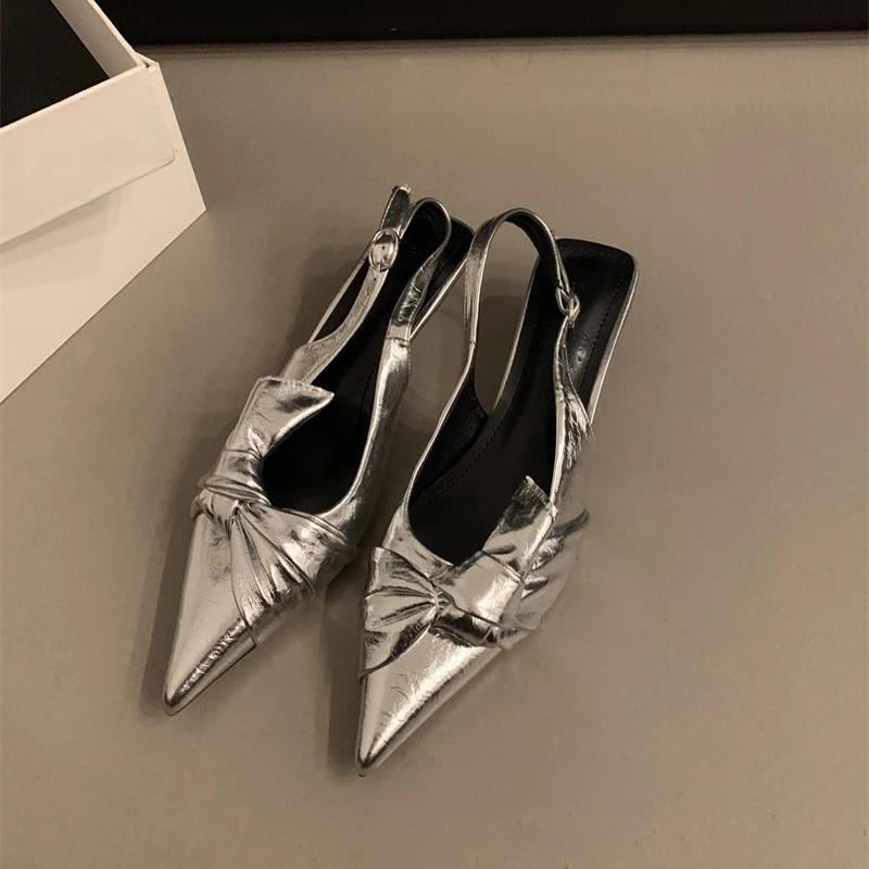 Summer Silvery Pointed Toe Women Sandals Fashion Butterfly-knot Singbacks Pumps Ladies Party Dress Low Heel Sandalias