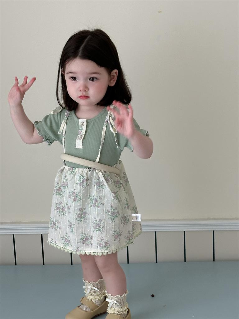 Stylish Korean Toddler Girls Summer Outfit Soft Cotton Short Sleeve T-shirt And Skirt Set