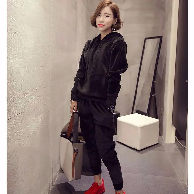 Golden Velvet Sports Suit Women's Autumn and Winter Fashion Sweater Plus Velvet Thick Casual Two-piece Suit
