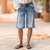 Women's Mid Waist Washed Denim Bermuda Shorts Loose Straight Knee‑Length Jean Shorts With Pockets