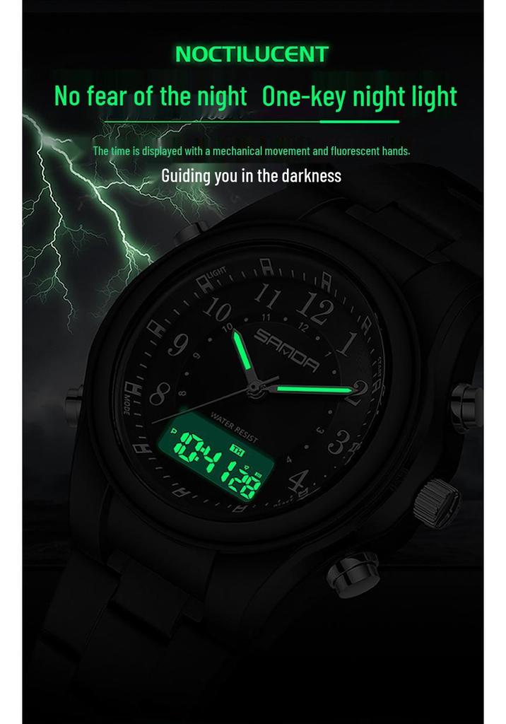 Sanda Men's Multi-Functional Watch: Dual Display, Luminous, Waterproof, Steel & Leather Straps, Casual & Business Style
