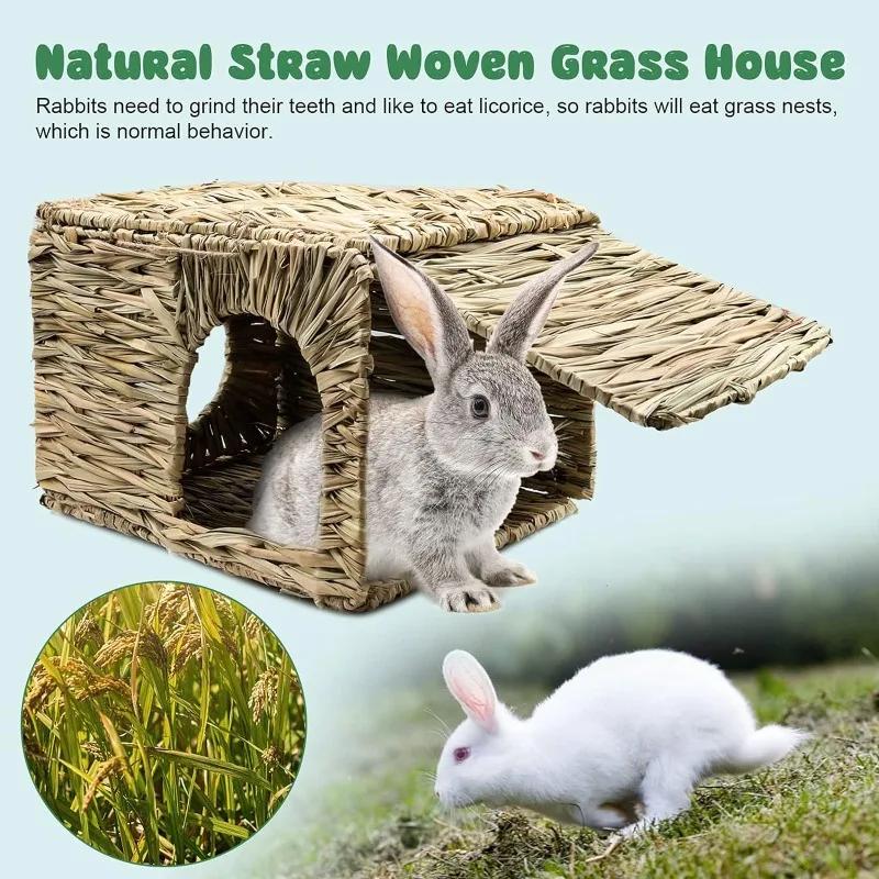 Grass House Rabbit Foldable Woven Rabbit Cages Hamster Guinea Pig Grass Chew Toy Mat House Bed Nests Small-scale Pet Accessories