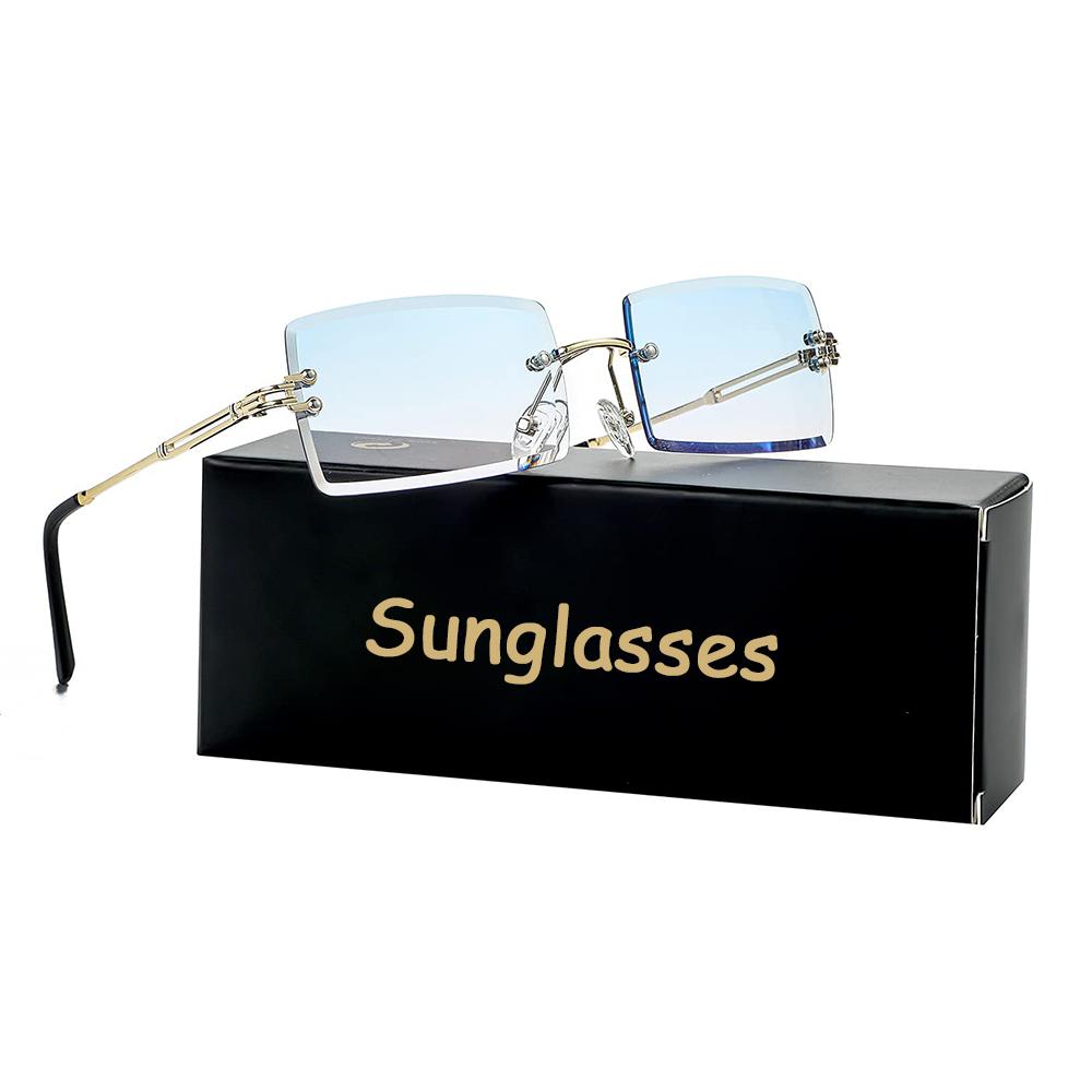 Men s Sunglasses Retro Sunglasses for Men Women Tinted Lens Metal Frame Vintage Rimless Rectangle Glasses UV400 Protection