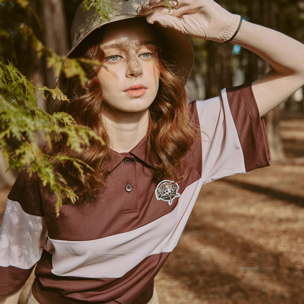 CHALLENGER Color Blocking Embroidered Patch Women'S Blouson Short Sleeve T-Shirt Brown