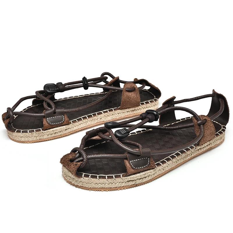 2024 Style Retro Cowhide And Weaved Straw Sandals Men New Brand Summer Fashion Breathable Comfy Casual Leather Straw Slippers