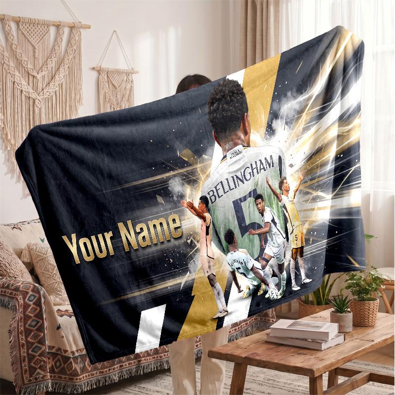 Jude Bellingham Personalized Fleece Blanket With Football Logo, Custom Name Text Soft Warm Home Throw Blanket