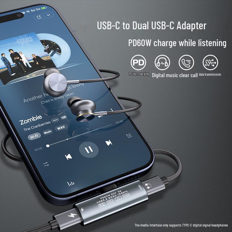 USB-C To 3.2 Adapter: PD 60W Fast Charge & Music Converter, Supports External Video Recording, Multi-Device Compatible