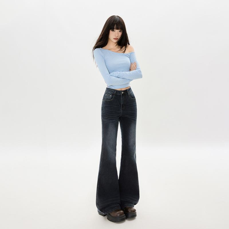 Nostalgic blue retro micro-pull jeans women's autumn new Spice Girl slim-fitting and thin scratch flared pants