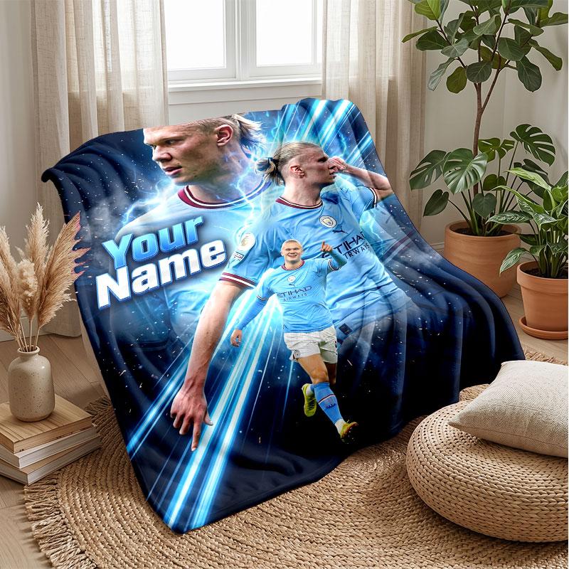 Erling Haaland Custom Name Text Flannel Blanket Soccer Logo Personalized Fleece Throw Blanket Special Gift For Sofa Bedroom Home