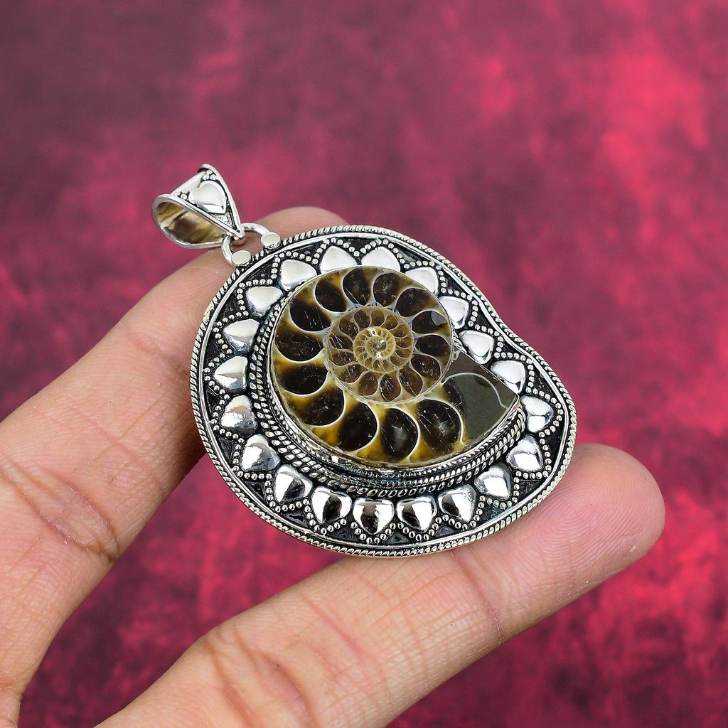 Ammonit Fossil 925 Sterling Silber Anhänger, handgefertigter Edelstein Schmuck Anhänger zum Gedenktag