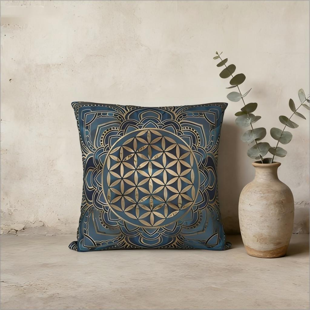 Flower Of Life Mandala Pillow Cover Blue Gold Geometric Print Soft Throw Pillow Case For Yoga Meditation Home Decor Gift