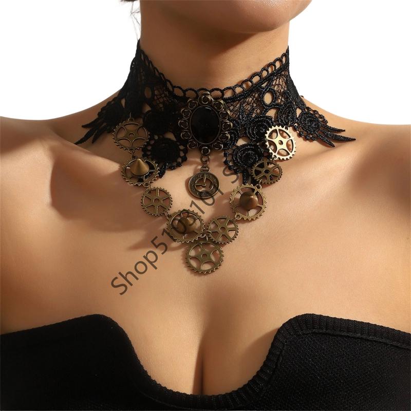 Neue Sexy Gotische Choker Kristall Schwarze Spitze Hals Choker Halskette Vintage Viktorianische Damen Chocker Punk Zahnrad Schmuck