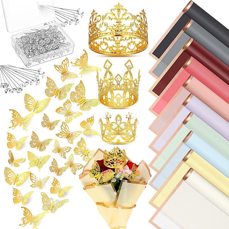 Qeeenar 40 Sheets Flower Bouquet Wrapping Paper Waterproof Florist Bouquet Packaging Paper with 3 Pcs Crowns 48 Pcs 3D Butterflies Decor 100 Pcs
