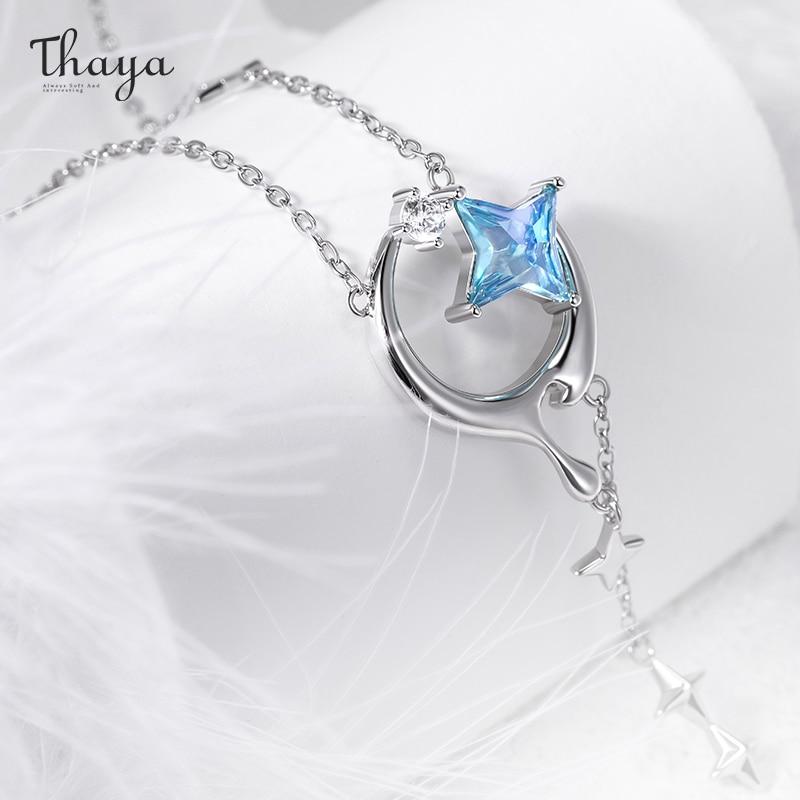 Thaya Corrente de Elo Colares Românticos Femininos Colares com Pingente de Estrela e Lua Gargantilha Design Original Adorável Joias Finas Para CasalCorrente Fofa