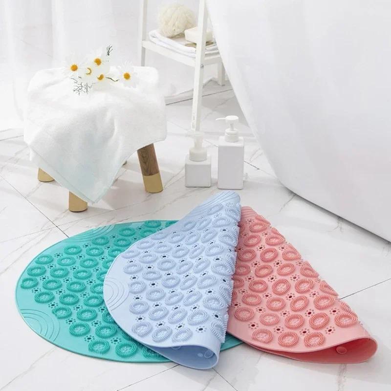 Bathroom Mat Anti-slip Sucker Round PVC Bath Mat with Drain Hole Silicone Bathing Rugs Foot Massage Pad Bathtub Soft Shower Mat