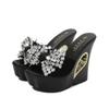 Fashion 2025 Womens Slippers Creepers Shoes Platform Bowknot Rhinestones Crystal Wedge Super 13CM High Heel New Summer Hollow Black