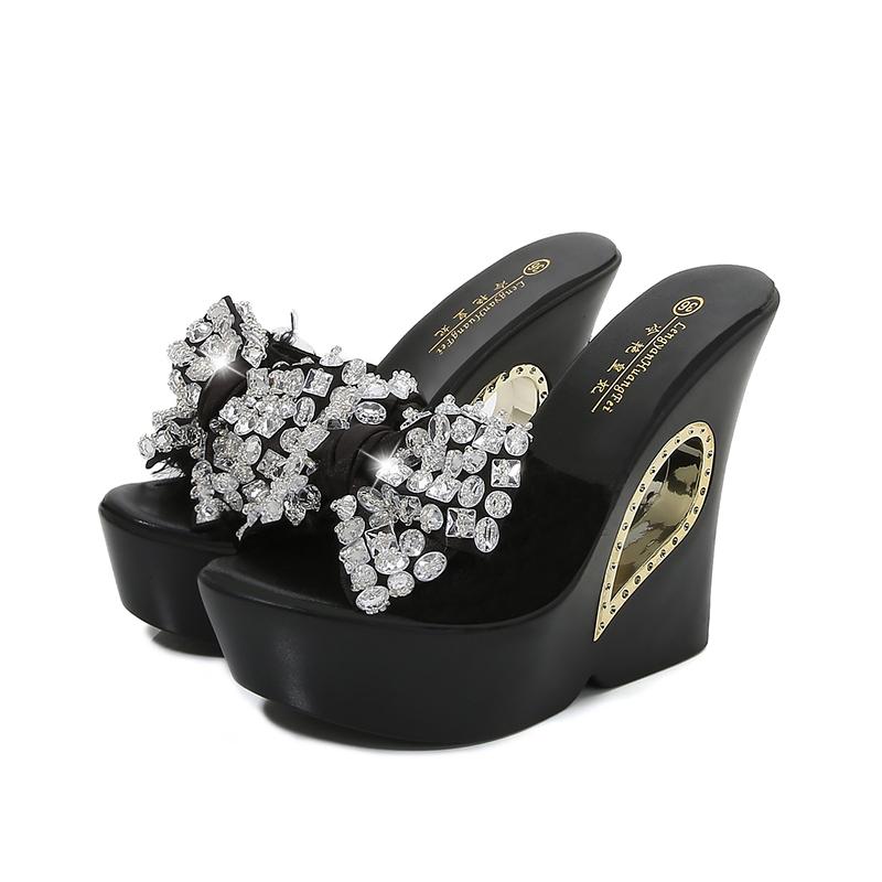 Fashion 2025 Womens Slippers Creepers Shoes Platform Bowknot Rhinestones Crystal Wedge Super 13CM High Heel New Summer Hollow Black