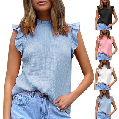 Women Summer New Solid Color Sleeveless Ruffle Neck Chiffon Casual Blouse