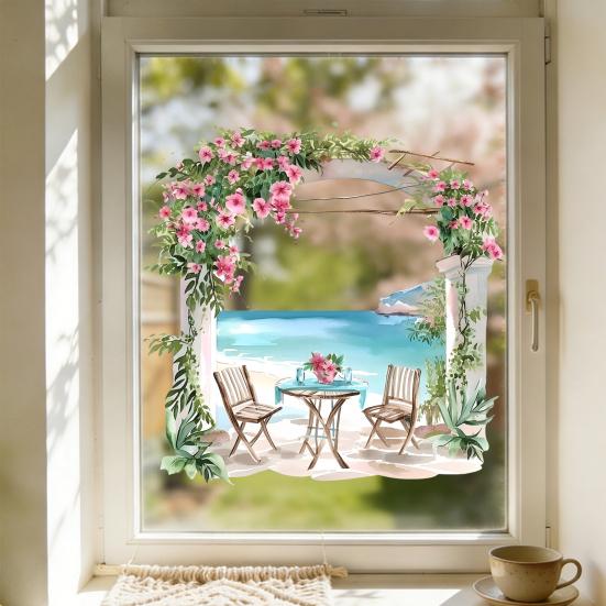 Summer Beach Window Cling Coastal Theme Flowers Bistro Set Static Glass Sticker Reusable PVC Decals for Home Bathroom Kitchen Decor