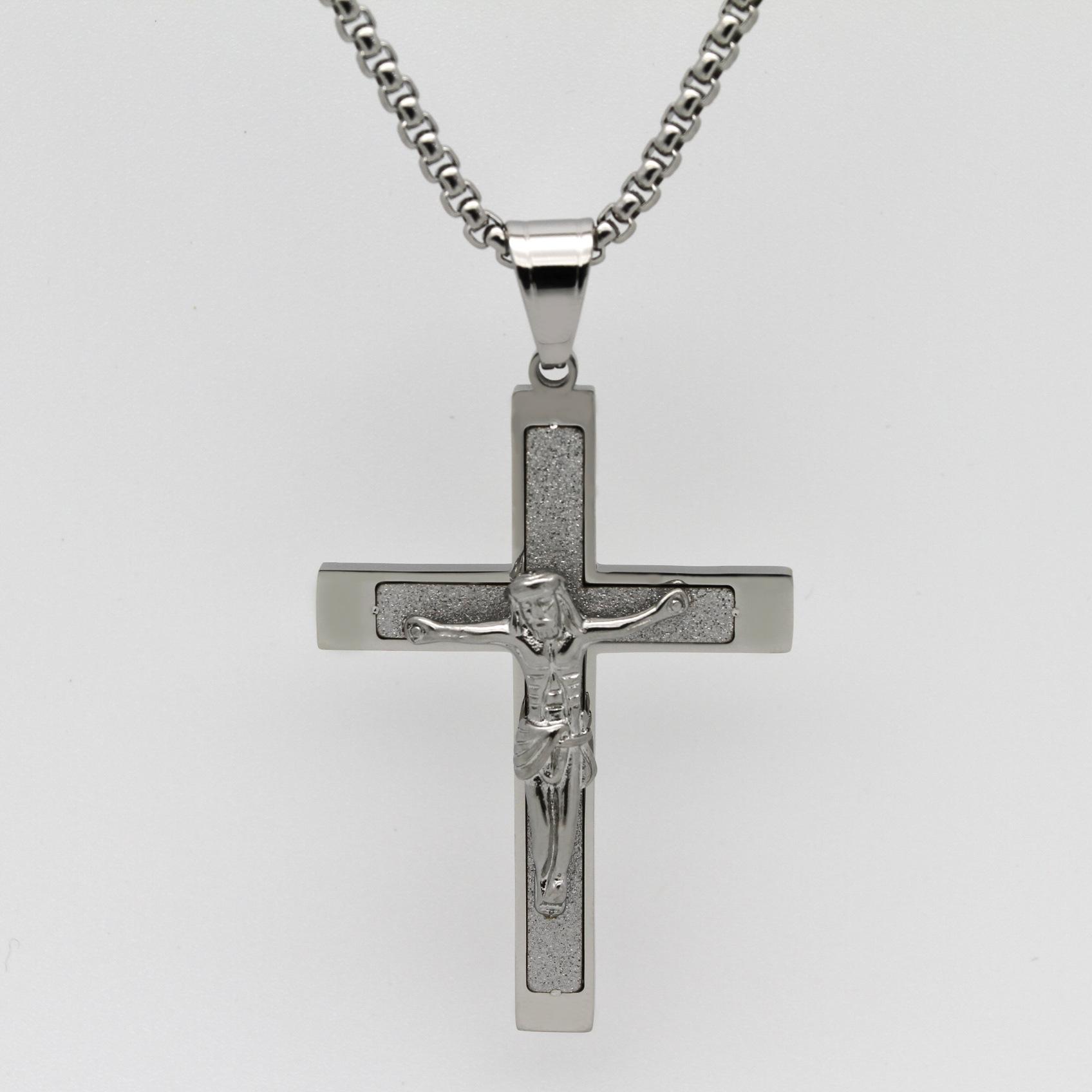 Europe and The United States Cross-border Titanium Steel Jesus Necklace Necklace Titanium Steel Cross Frosted in Christ Jesus 60cm