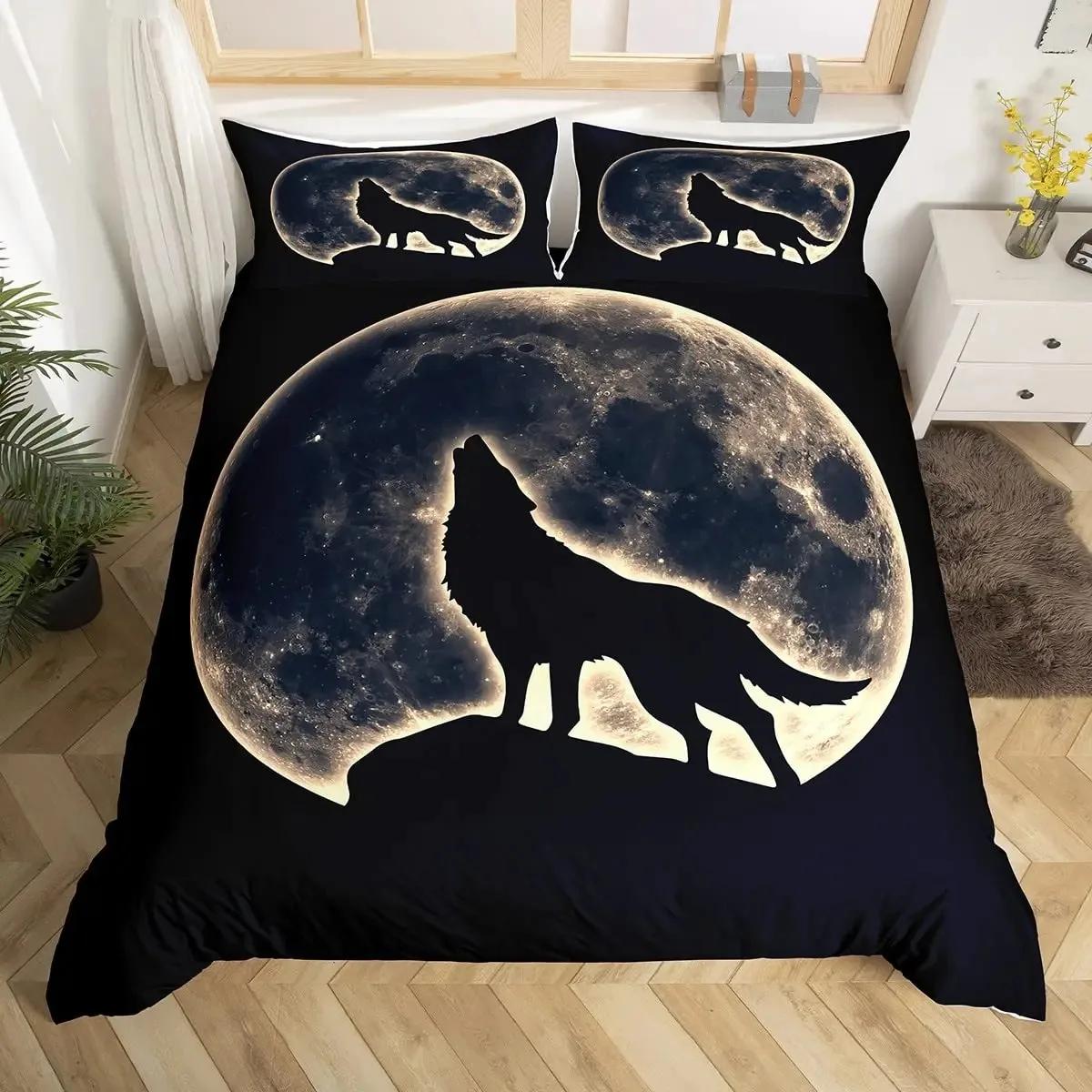 

Black Wolf Moon Duvet Cover Set Wolf Howling Bedding Sets for Boys Vintage Oil Paint Wild Animal Bed Sets Purple Blue and Black 70x133cm