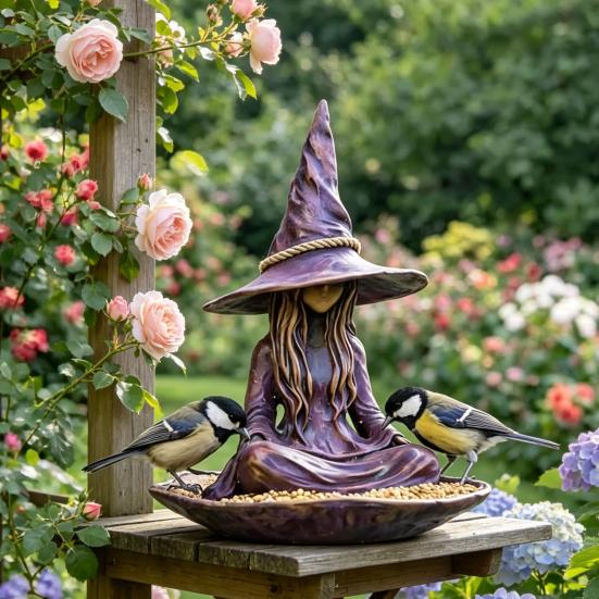 Meditating Witch Garden Bird Feeder Resin Witch Statue Outdoor Hanging Seeds Feeder for Outside Zen Garden Patio Backyard Decor