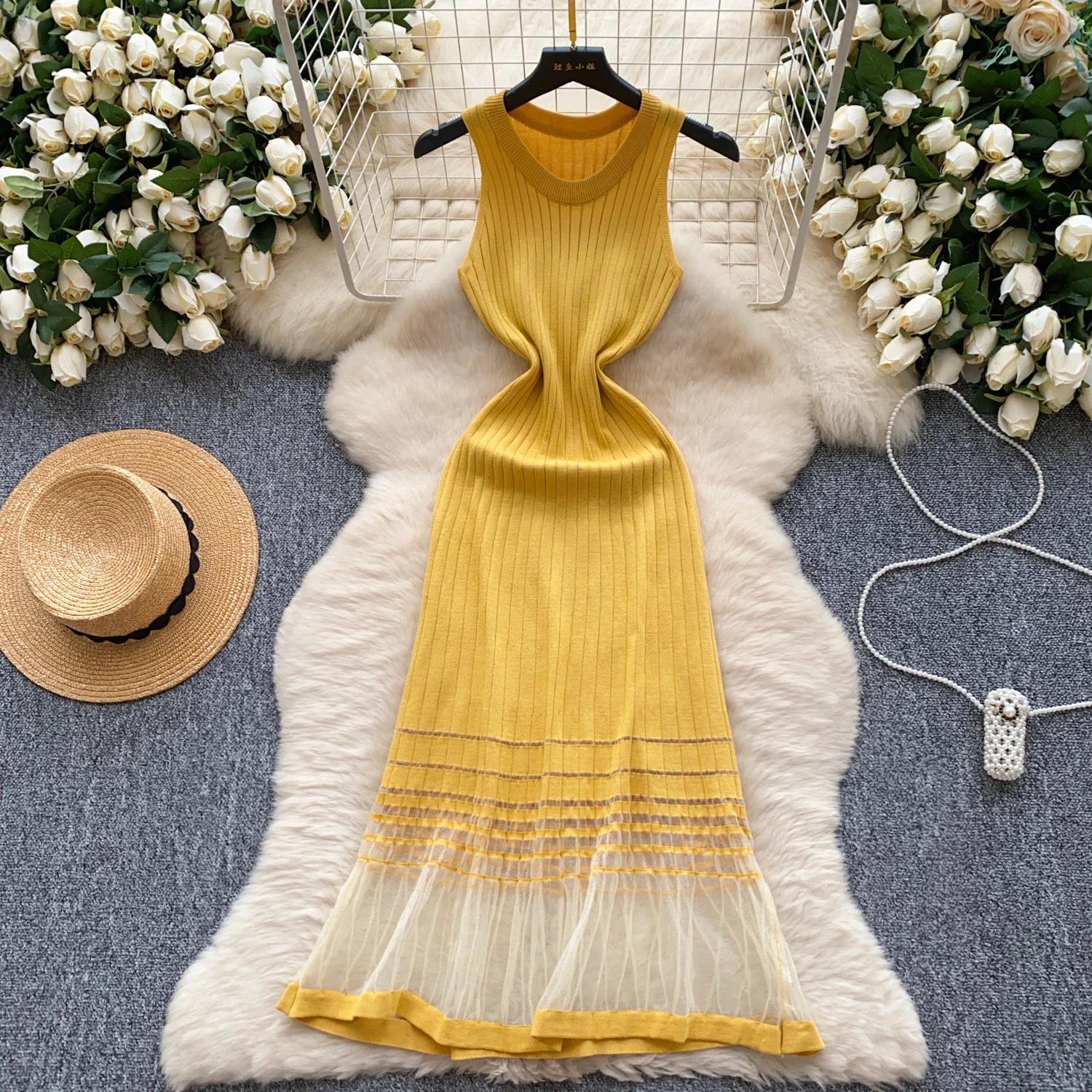 

Летний горячий сладкий О-образный вырез сексуальный без рукавов шикарный вязаный свитер сшитый сетчатый тонкий длинный платье французский вечерний High Street женская одежда One Size жёлтый