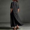 Womens Cotton Maxi Dress Short Sleeve Loose Fit Casual Shirt V Neck Button Long Kaftan Summer Beach Dress with Pockets