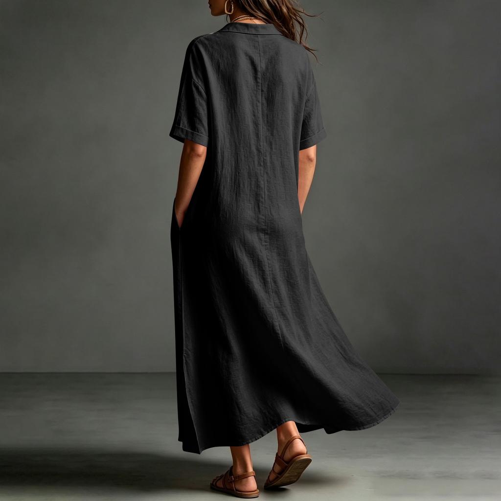 Womens Cotton Maxi Dress Short Sleeve Loose Fit Casual Shirt V Neck Button Long Kaftan Summer Beach Dress with Pockets