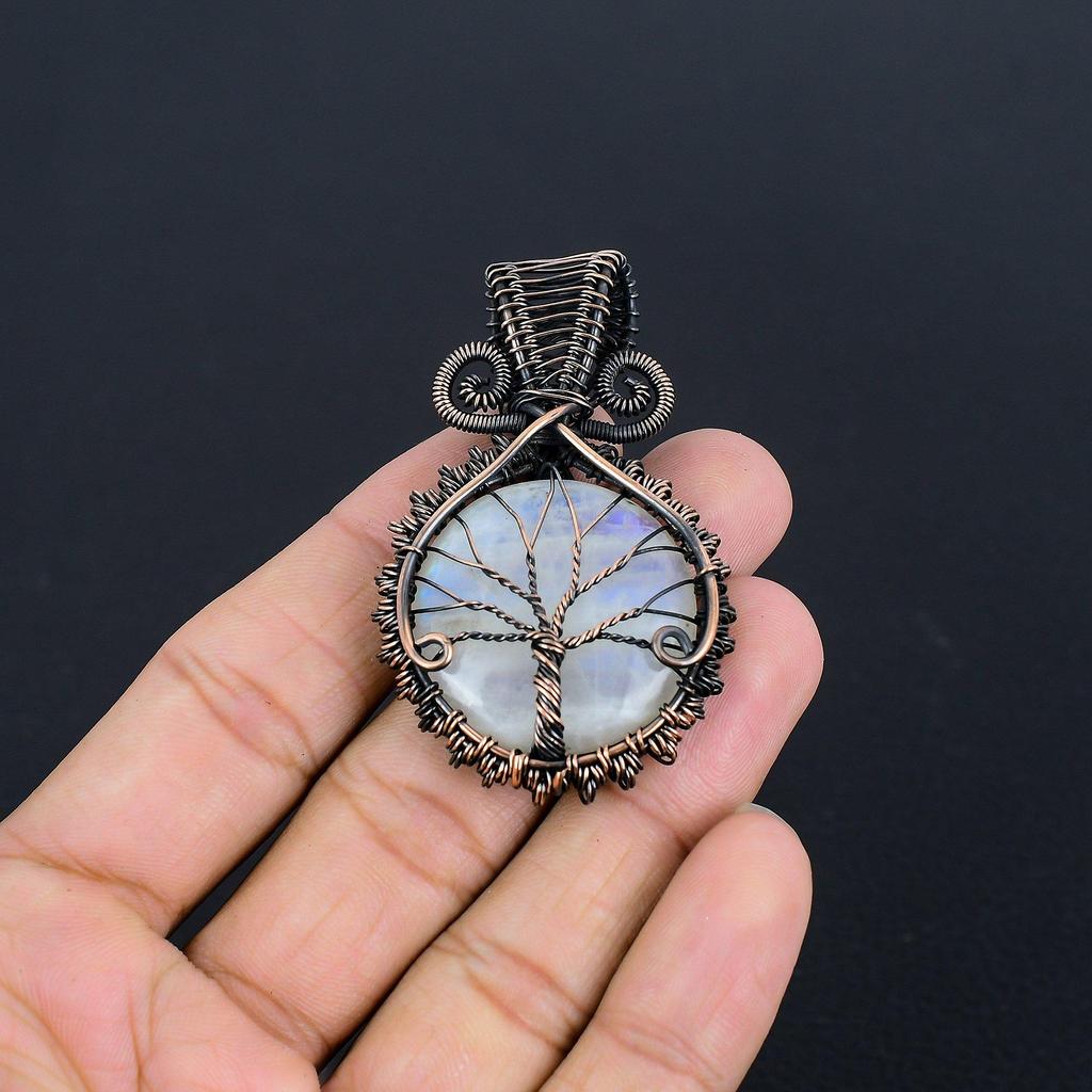 Rainbow Moonstone Pendant Gemstone Jewelry, 999 Copper Wire Wrapped Pendant, Handmade Beautiful Jewelry Pendant
