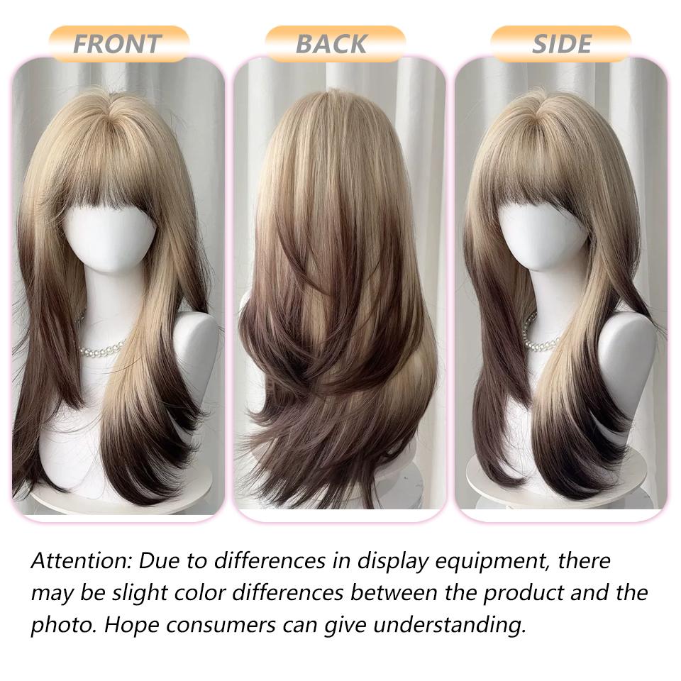 Long Ombre Blonde Wigs with Bangs Synthetic Straight Hair Lolita Cosplay Halloween Natural Wigs for Women Heat Resistant