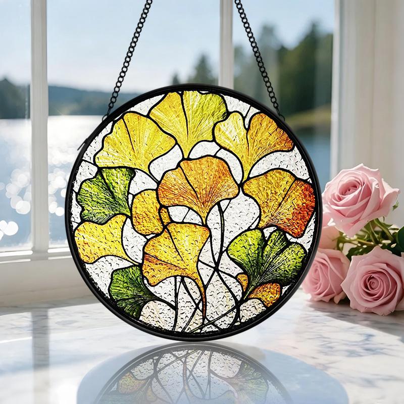 2D Flat Stained Glass Ginkgo Leaf Window Decoration, Autumn Yellow & Green Design Colored Glass Plate with Chain, Charming Sun Catcher Home Garden