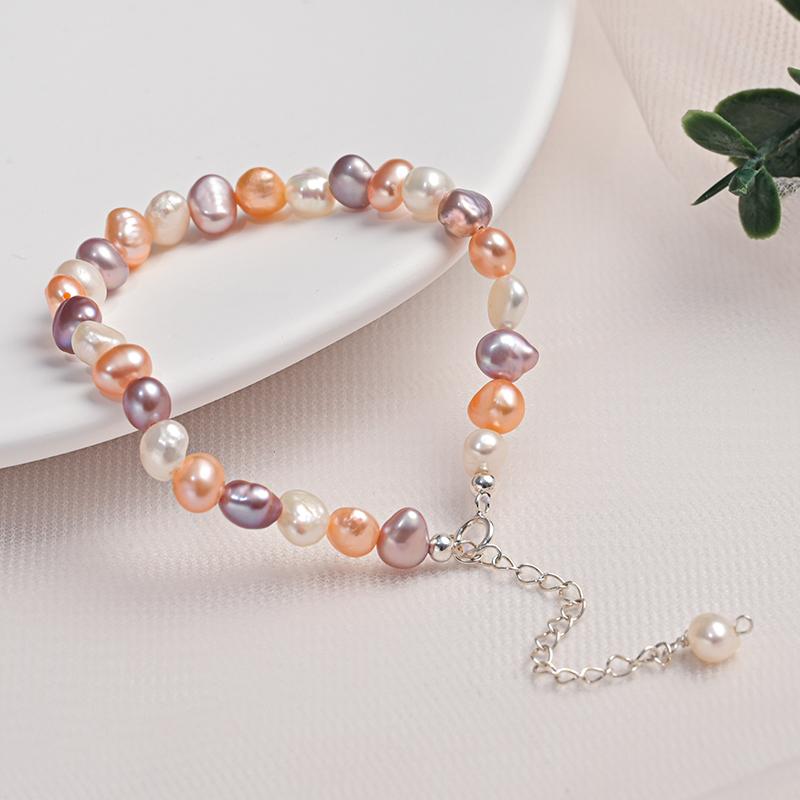 HENGSHENG AAA Freshwater 5-6mm Candy Mix Color Pearl Baroque Bracelet 925 Sterling Silver Fine Jewelry Gifts for Women Girls