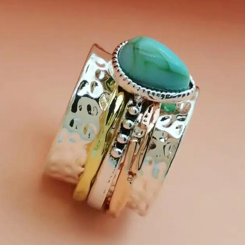 Vintage Imitation Turquoise Ring, Water Drop Three-Color Ring, Domineering Bohemian Ring.